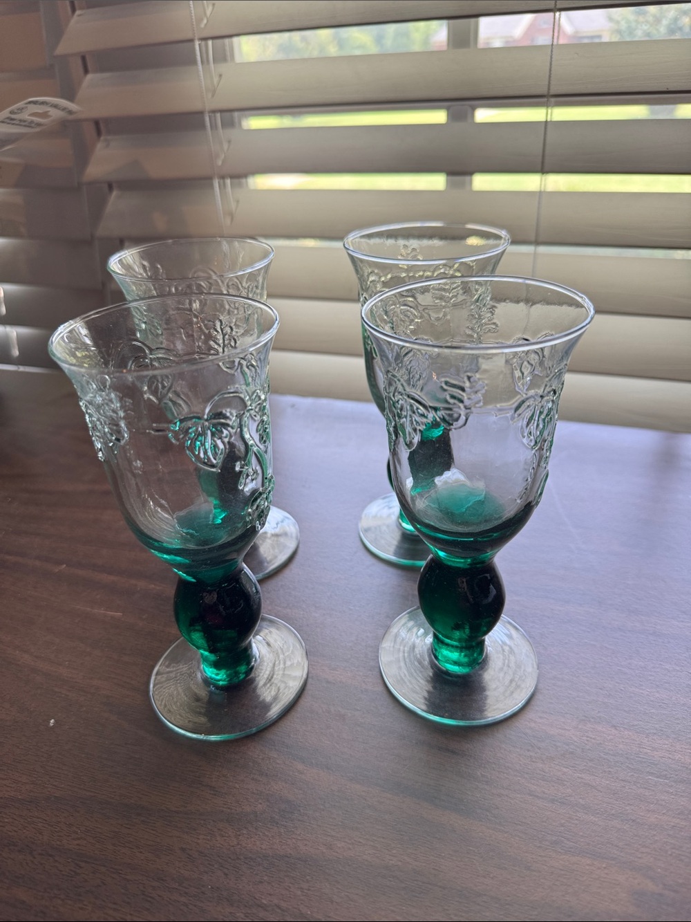 4 Antique Wine Glasses with Green Stems